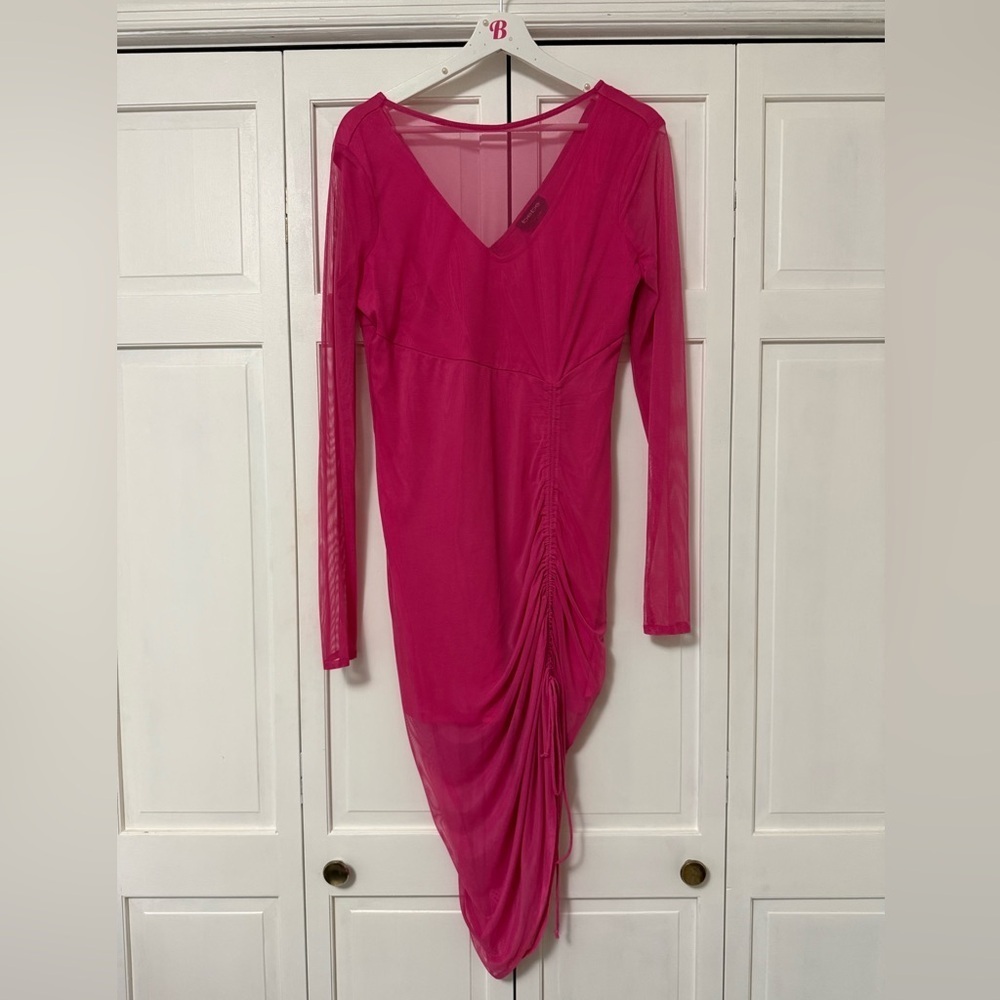 BEBE Women's Illusion Neck Mini Dress with Sheer Mesh Overlay Ruched Party